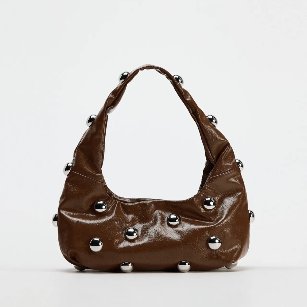 Zara Brown Leather Studded Shoulder Bag Structured Tote